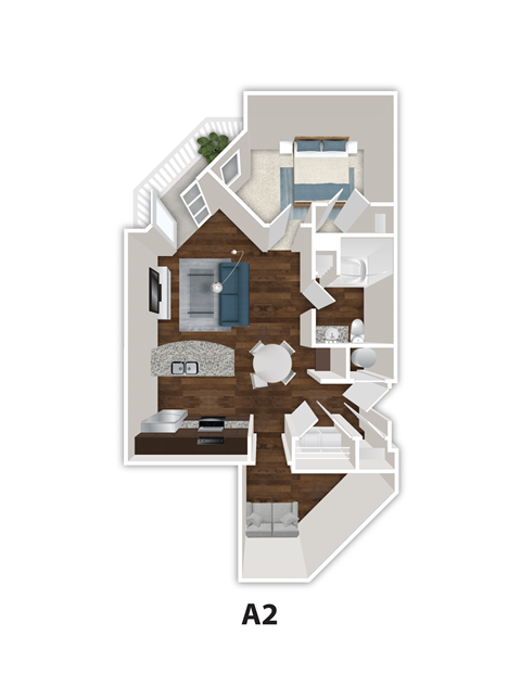 A 2 bedroom apartment with a living room, kitchen, and bathroom.